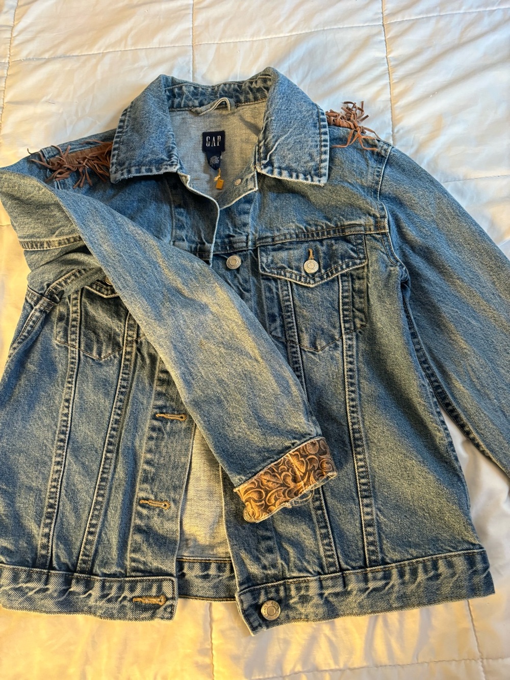 GAP Light Blue Denim Jacket with Embroidered Cuff and Fringe Accents